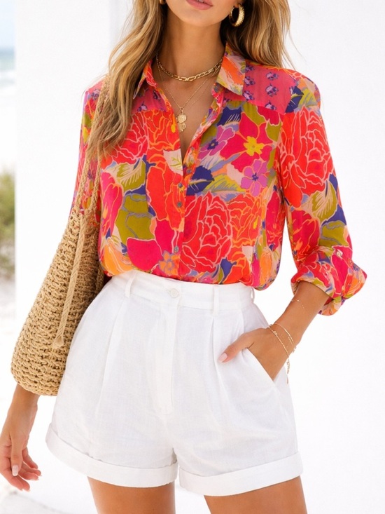 figueroa & flower Tops - Figueroa & Flower XL Sheer Floral Button Down Blouse Top Boho Chic Bright